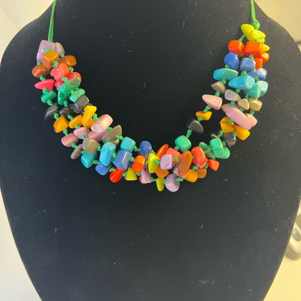 Multi-strand layered rainbow rock stone necklace